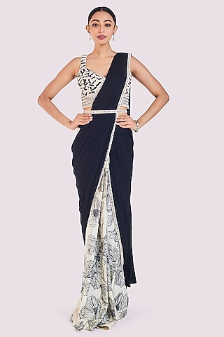 Off-White & Black Georgette Floral Draped Saree Set by Onaya