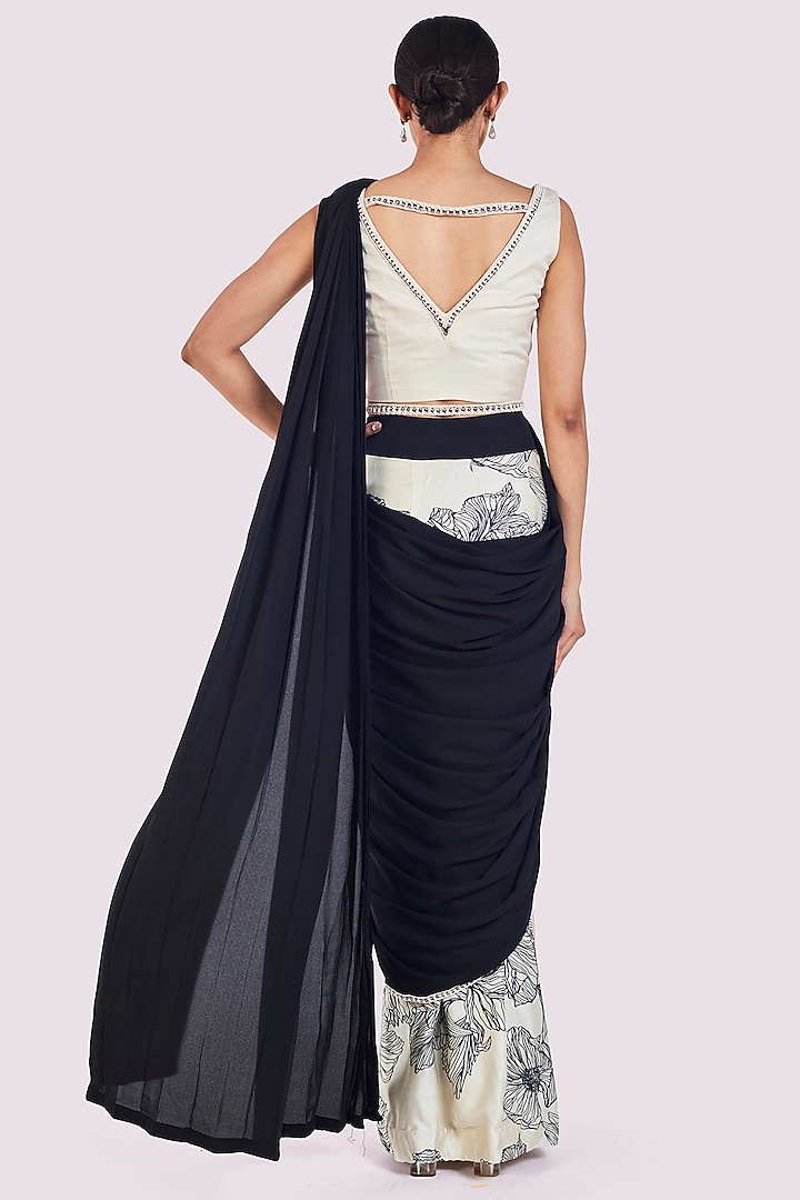 Off-White & Black Georgette Floral Draped Party Wear Saree Set by Onaya at Pernia's Pop Up Shop