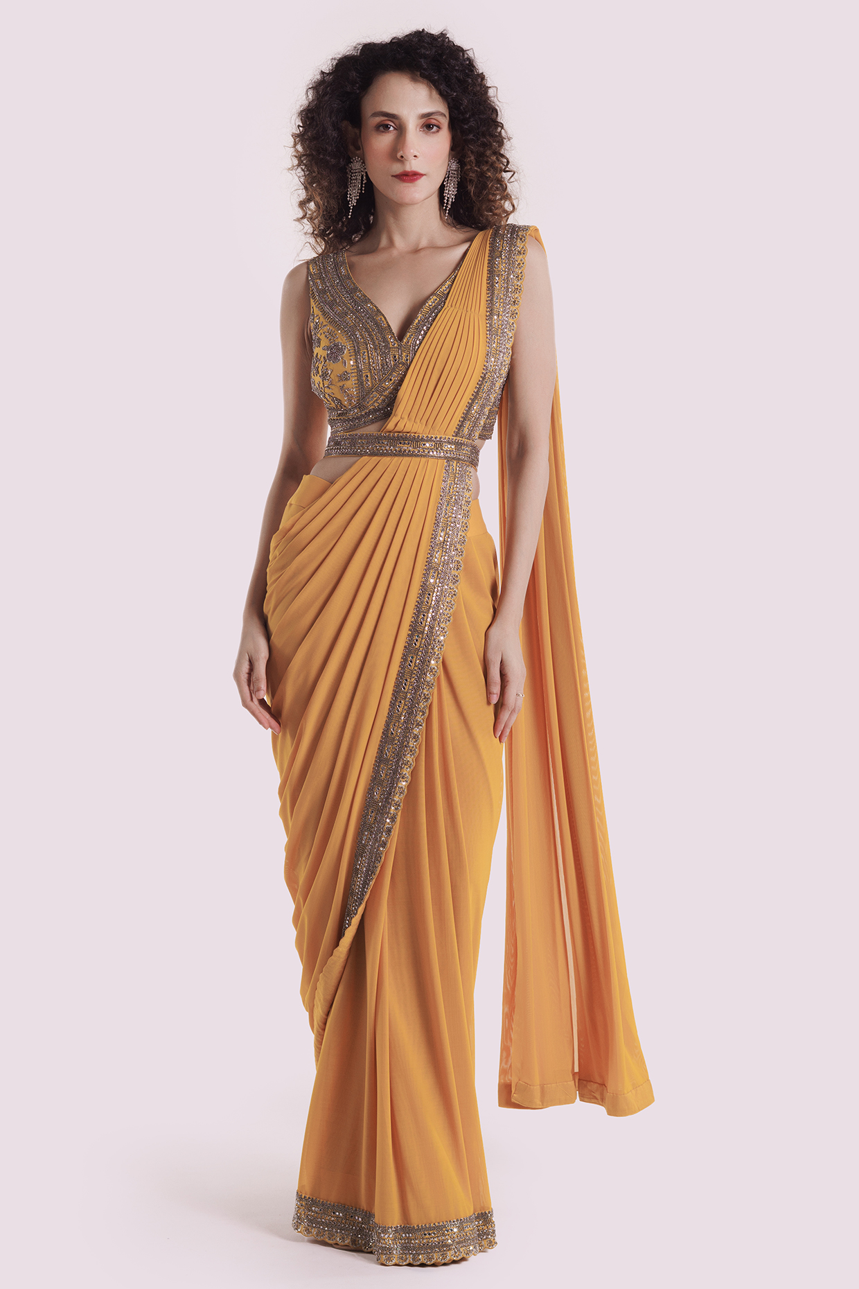 Mustard Lycra Dabka Embellished Draped Party Wear Saree Set by Onaya at Pernia's Pop Up Shop