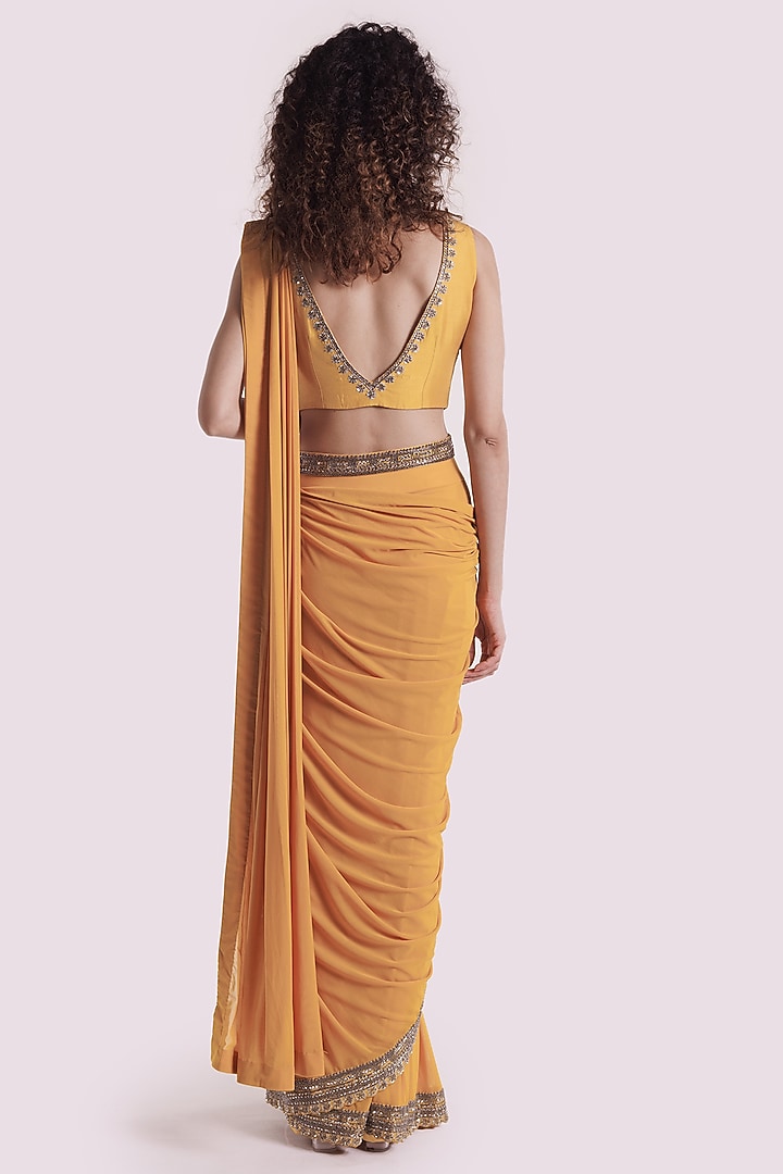 Mustard Lycra Dabka Embellished Draped Party Wear Saree Set by Onaya at Pernia's Pop Up Shop