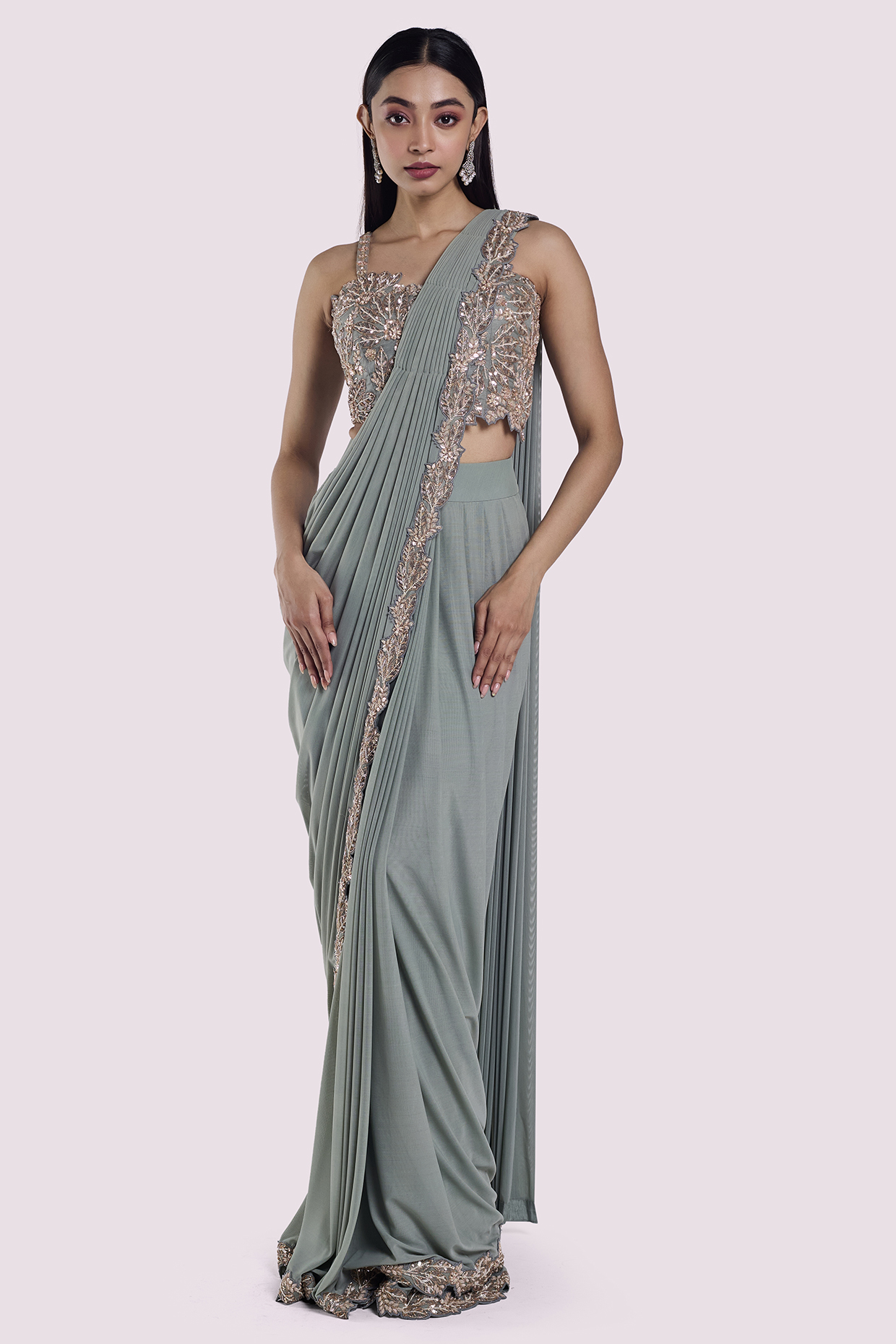 Dusky Blue Lycra Net Embellished Draped Party Wear Saree Set by Onaya at Pernia's Pop Up Shop
