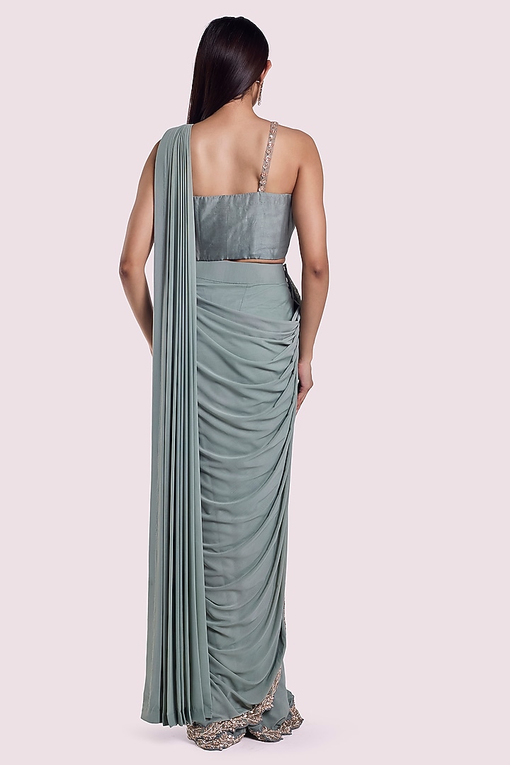 Dusky Blue Lycra Net Embellished Draped Party Wear Saree Set by Onaya at Pernia's Pop Up Shop