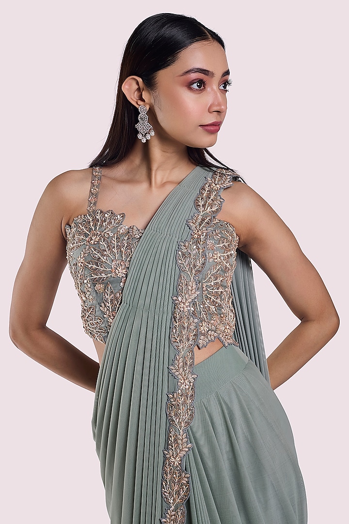 Dusky Blue Lycra Net Embellished Draped Party Wear Saree Set by Onaya at Pernia's Pop Up Shop