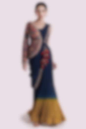 Teal Blue-Yellow Georgette Embellished Jacket Sharara Pant Party Wear Saree Set by Onaya at Pernia's Pop Up Shop