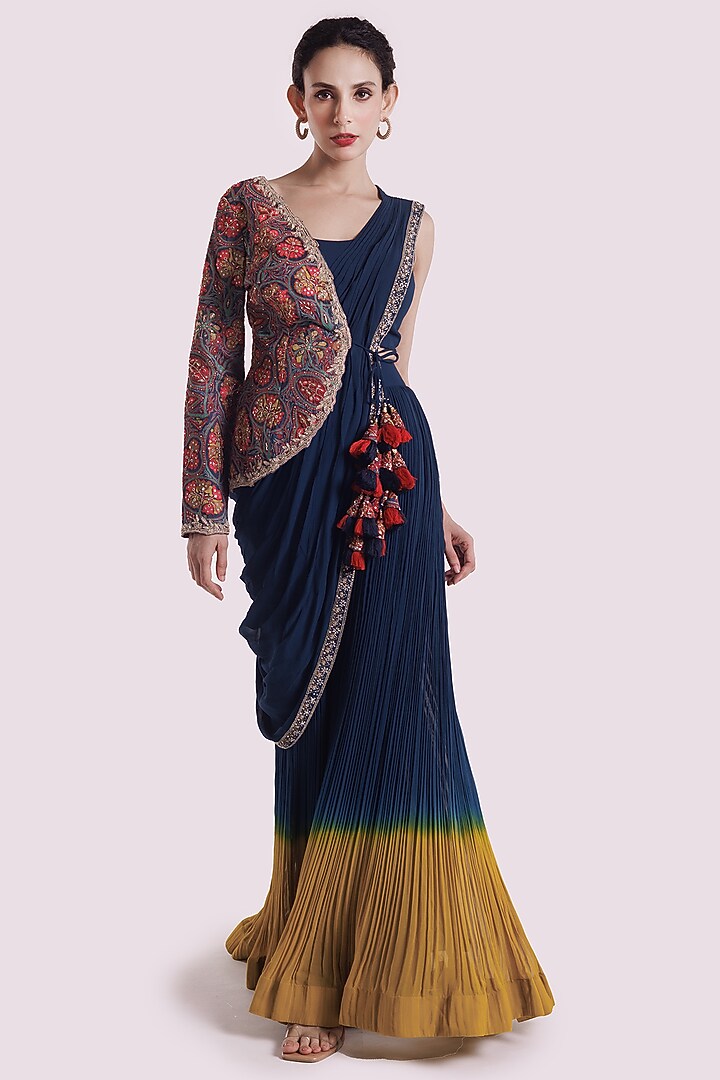 Teal Blue-Yellow Georgette Embellished Jacket Sharara Pant Party Wear Saree Set by Onaya at Pernia's Pop Up Shop