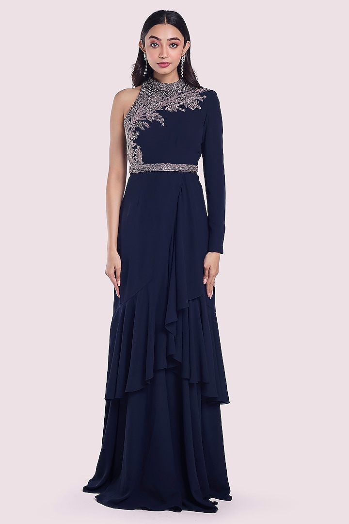 Navy Blue Georgette Cutdana Embellished Gown by Onaya at Pernia's Pop Up Shop