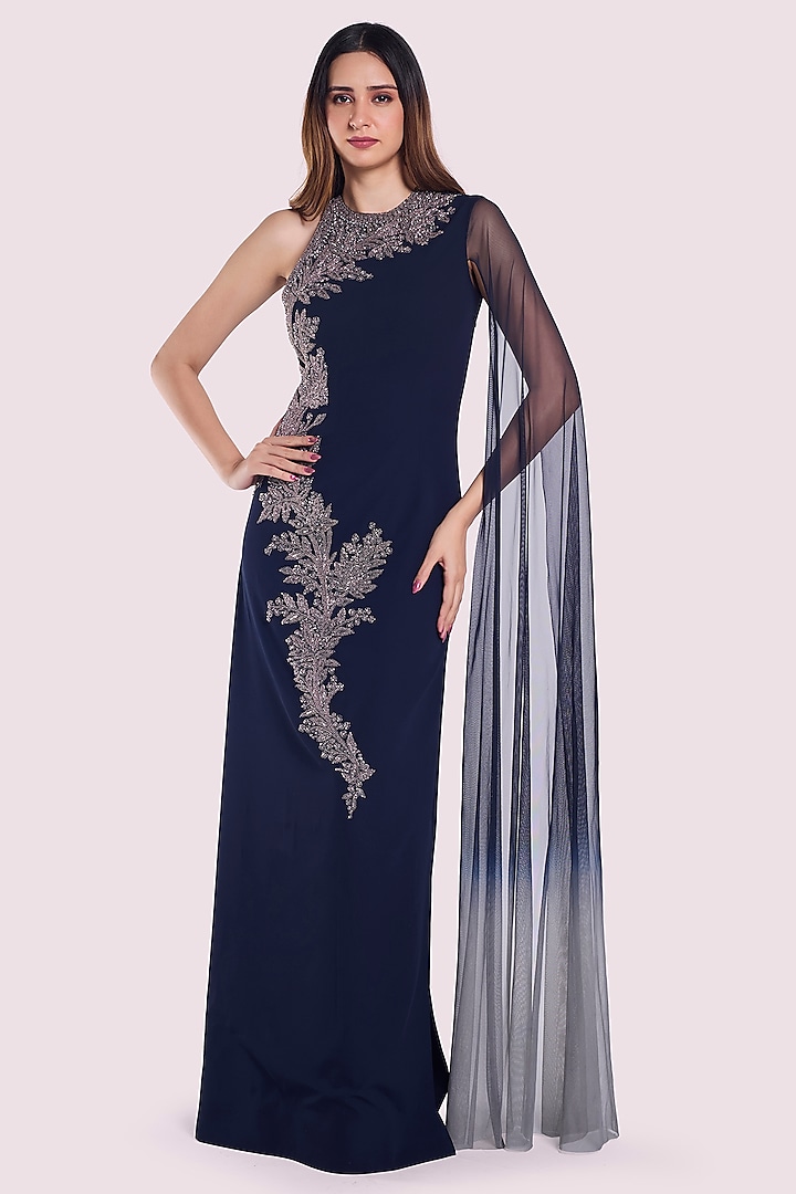 Navy Blue-Grey Georgette Cutdana Embellished Gown by Onaya at Pernia's Pop Up Shop