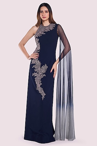 Navy Blue-Grey Georgette Cutdana Embellished Gown by Onaya