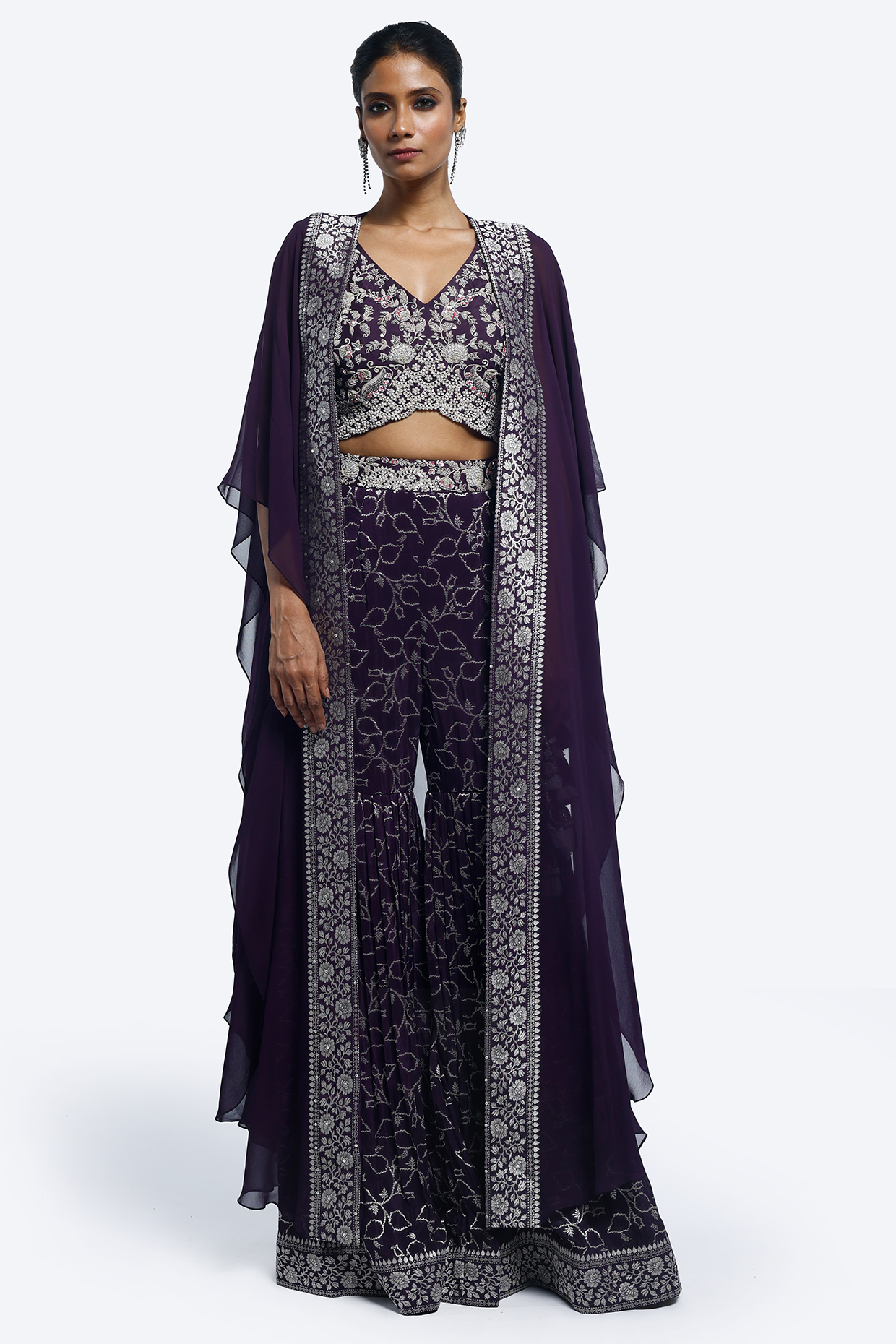 Purple Georgette & Chiffon Sequins Embroidered Cape Set by Onaya at Pernia's Pop Up Shop