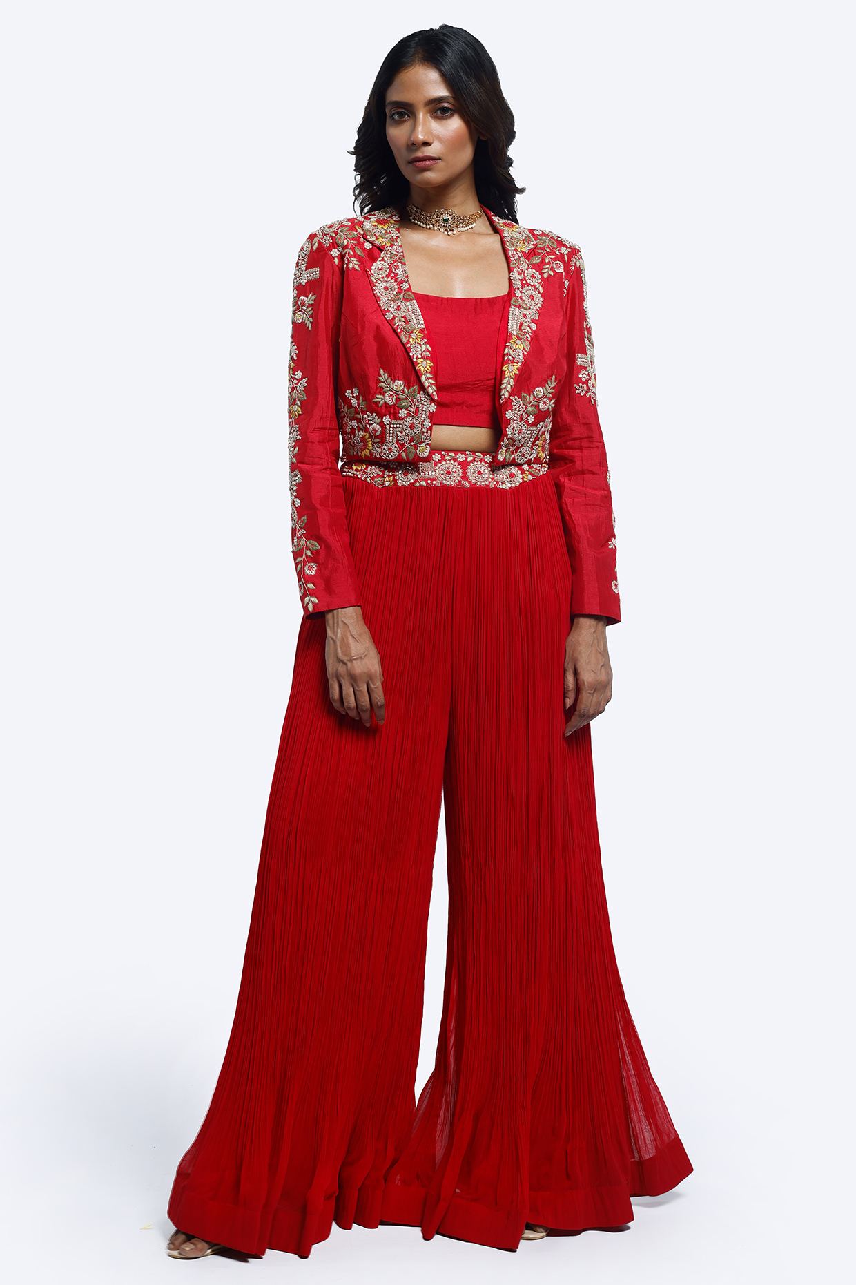 Red Silk & Georgette Embellished Cropped Jacket Set by Onaya at Pernia's Pop Up Shop