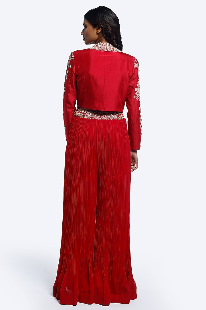 Red Silk & Georgette Embellished Cropped Jacket Set by Onaya at Pernia's Pop Up Shop