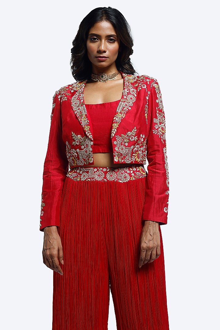Red Silk & Georgette Embellished Cropped Jacket Set by Onaya at Pernia's Pop Up Shop