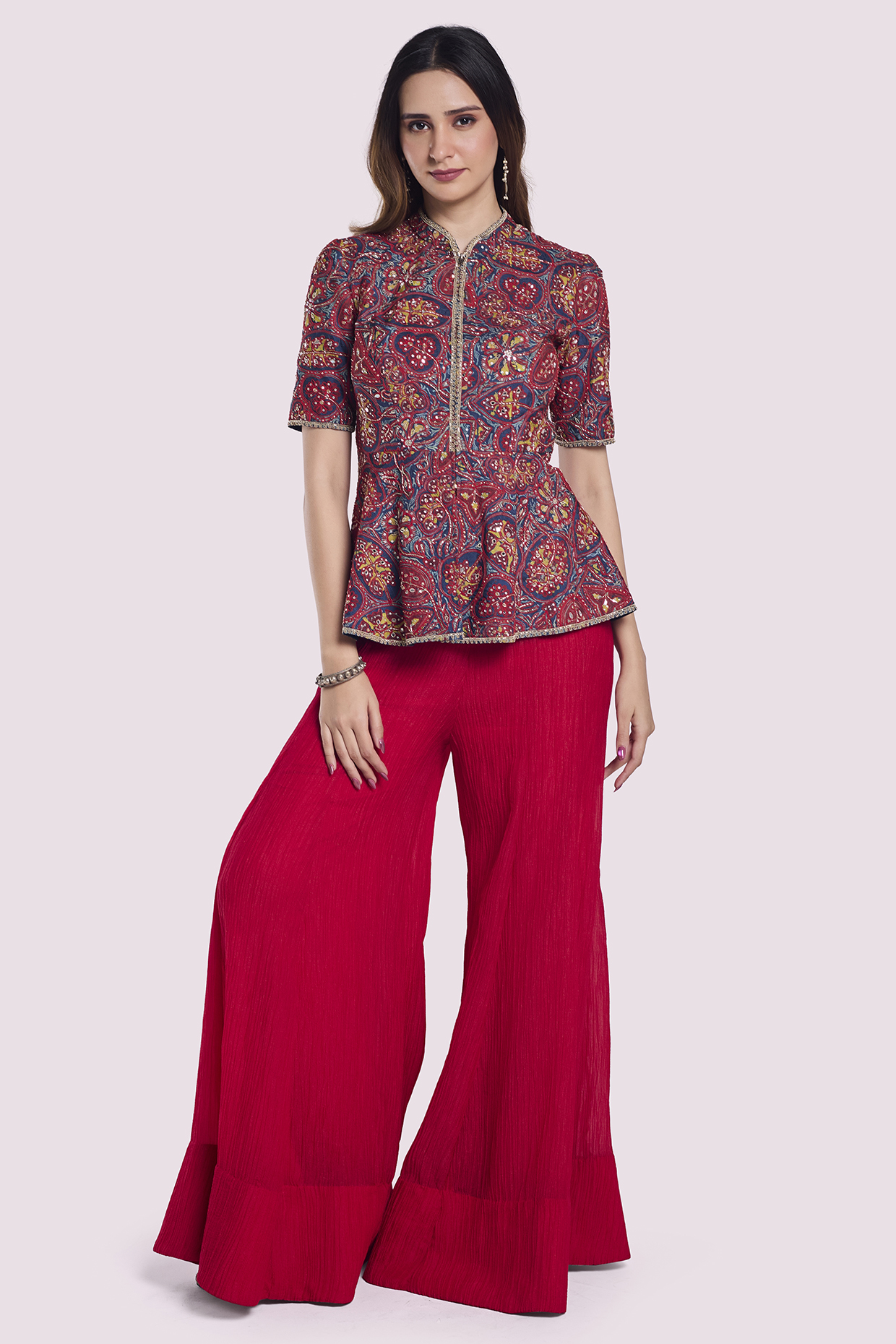 Red Crush Fabric Flared Pant Set by Onaya at Pernia's Pop Up Shop