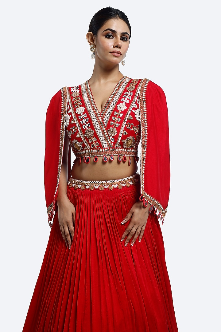 Red Silk A-Line Skirt Set by Onaya at Pernia's Pop Up Shop