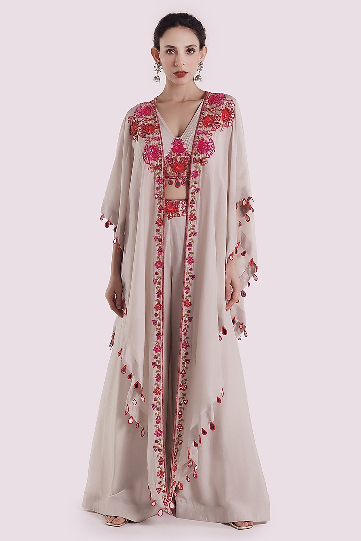 Off-White Silk Mirror Work Cape Set by Onaya at Pernia's Pop Up Shop