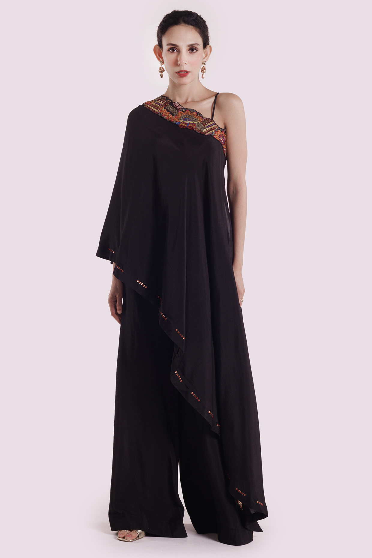 Black Silk Sequins Work Kaftan Set by Onaya at Pernia's Pop Up Shop