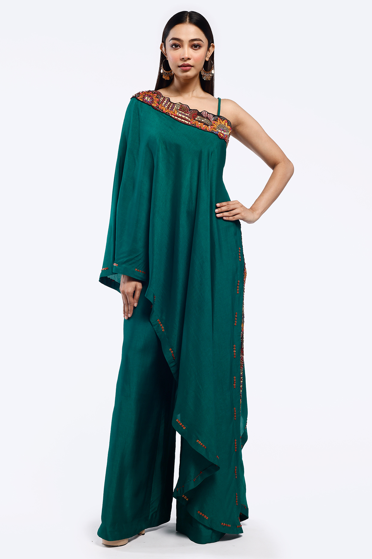 Green Silk Sequins Work Kaftan Set by Onaya at Pernia's Pop Up Shop