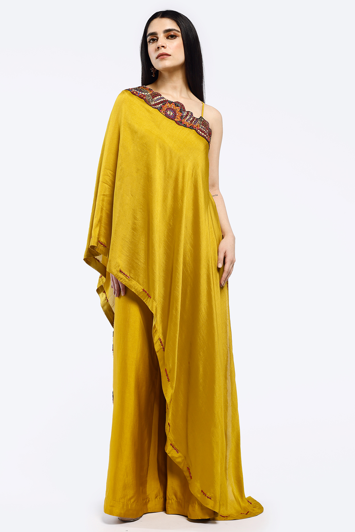 Mustard Silk Sequins Work Kaftan Set by Onaya at Pernia's Pop Up Shop