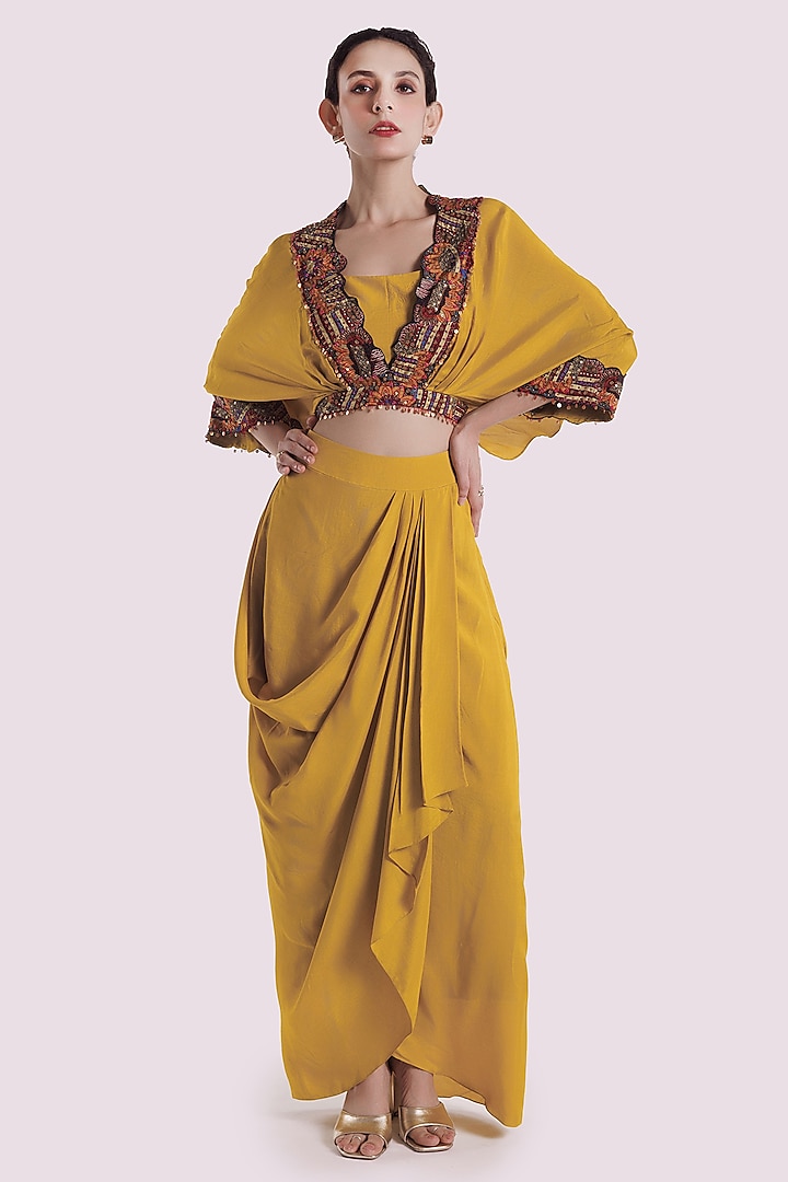 Yellow & Black Silk Draped Skirt Set by Onaya at Pernia's Pop Up Shop