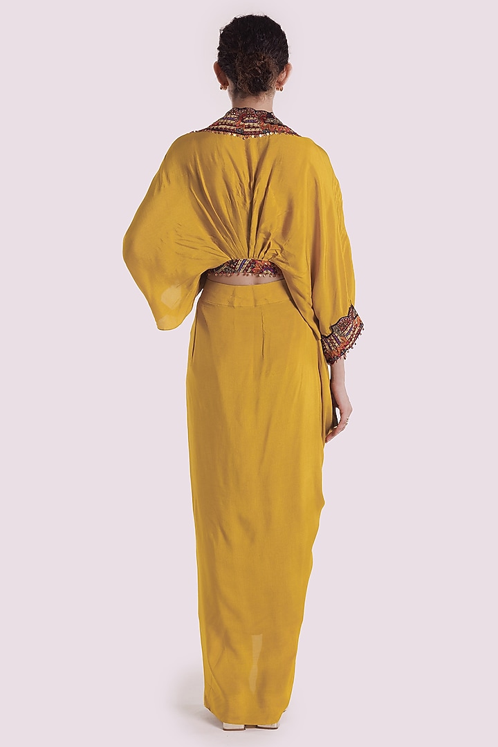 Yellow & Black Silk Draped Skirt Set by Onaya at Pernia's Pop Up Shop