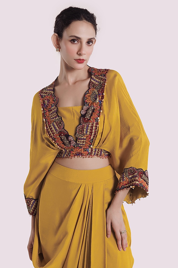 Yellow & Black Silk Draped Skirt Set by Onaya at Pernia's Pop Up Shop