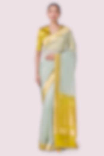 Aqua & Mustard Ombre Organza Embellished Festive Saree Set by Onaya at Pernia's Pop Up Shop