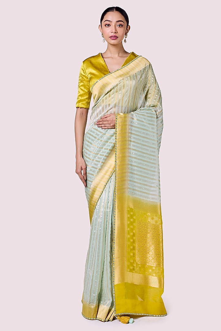 Aqua & Mustard Ombre Organza Embellished Festive Saree Set by Onaya at Pernia's Pop Up Shop
