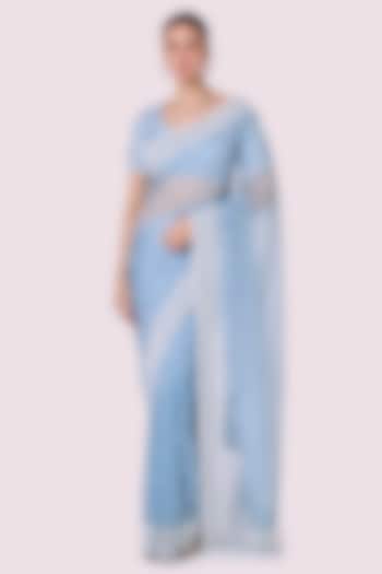 Blue Organza Embellished Party Wear Saree Set by Onaya at Pernia's Pop Up Shop