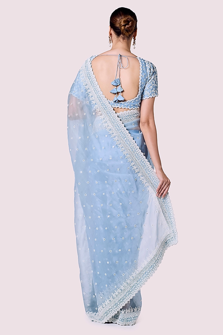 Blue Organza Embellished Party Wear Saree Set by Onaya at Pernia's Pop Up Shop