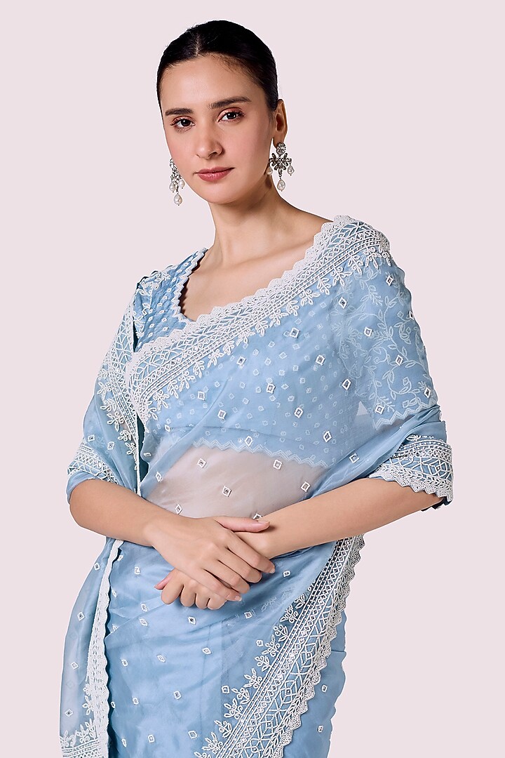 Blue Organza Embellished Party Wear Saree Set by Onaya at Pernia's Pop Up Shop