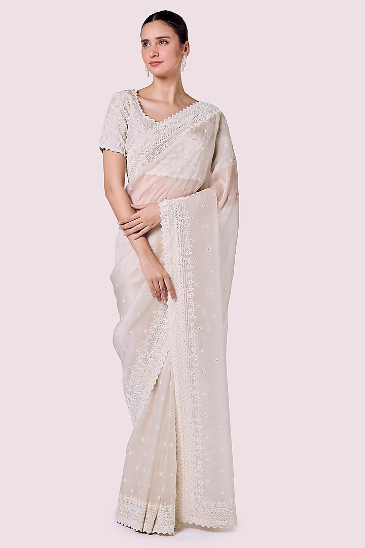 Ivory Organza Embellished Party Wear Saree Set by Onaya at Pernia's Pop Up Shop