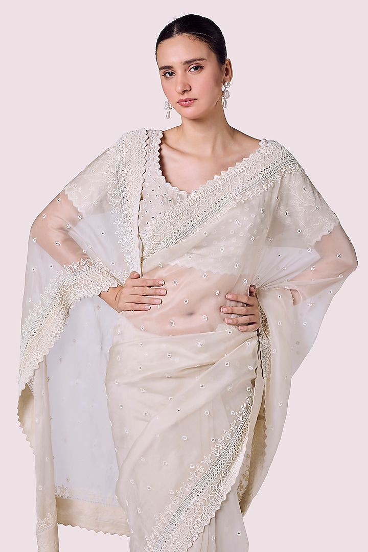 Ivory Organza Embellished Party Wear Saree Set by Onaya at Pernia's Pop Up Shop