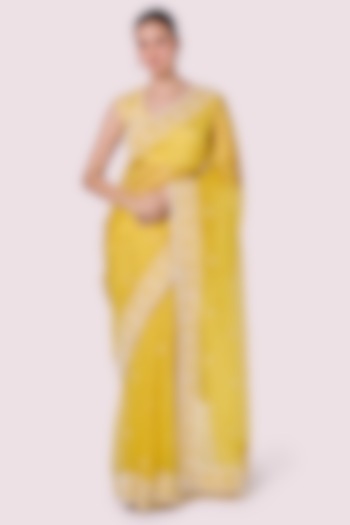 Mustard Organza Embellished Party Wear Saree Set by Onaya at Pernia's Pop Up Shop