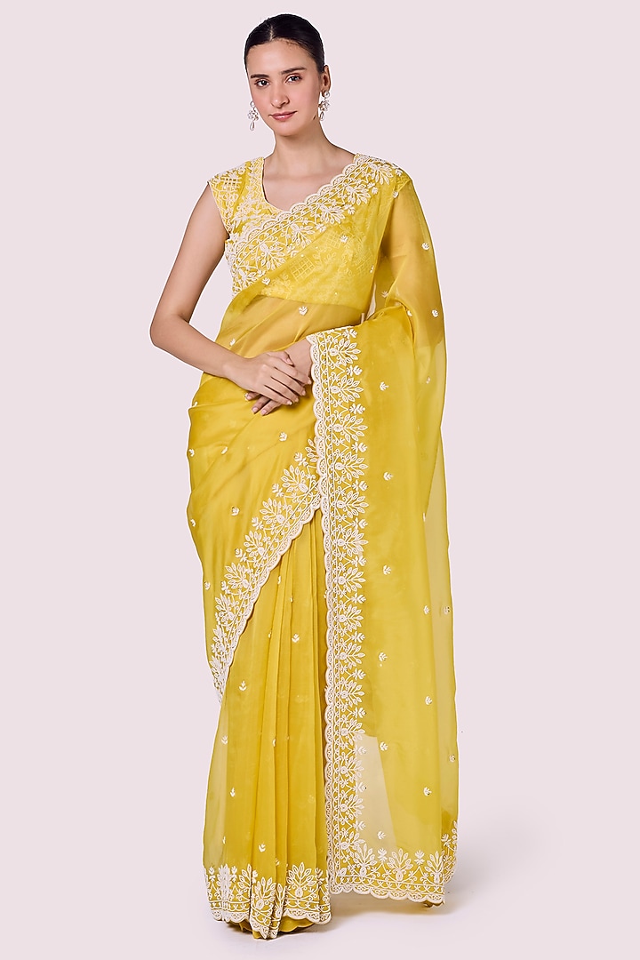 Mustard Organza Embellished Party Wear Saree Set by Onaya at Pernia's Pop Up Shop