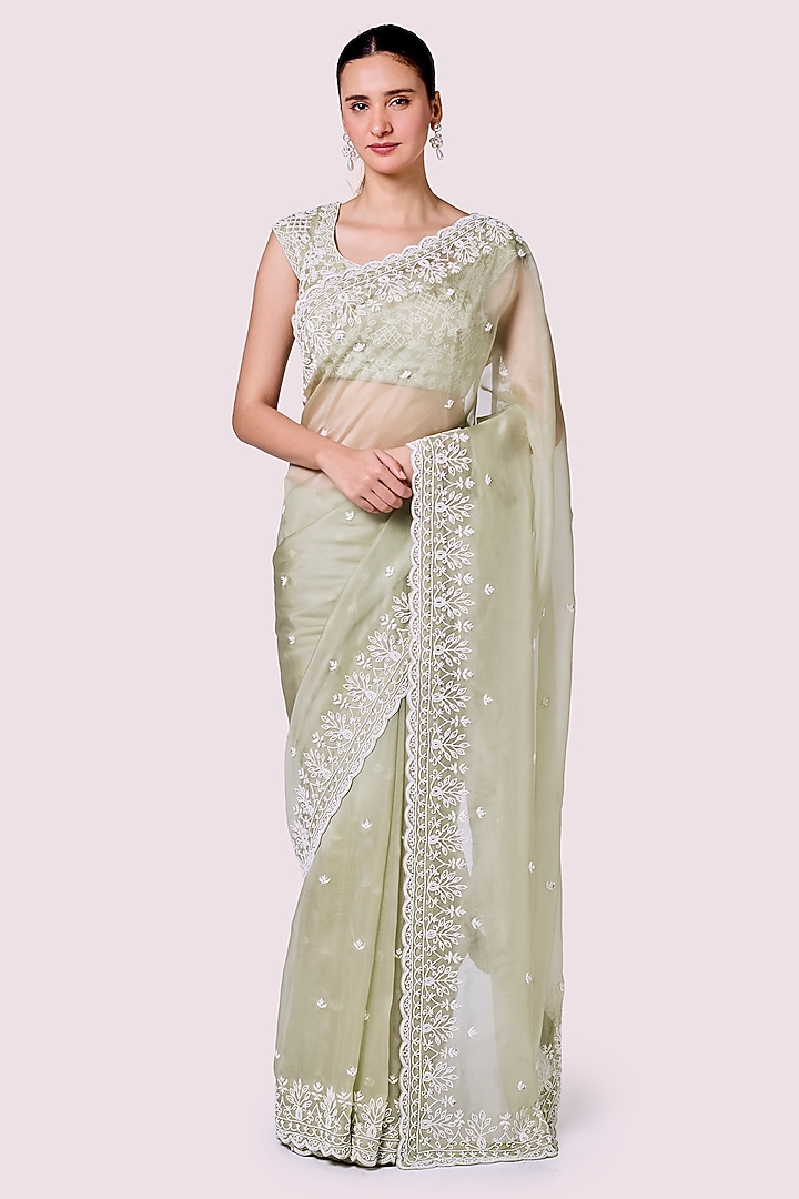 Pista Green Organza Embellished Party Wear Saree Set by Onaya at Pernia's Pop Up Shop