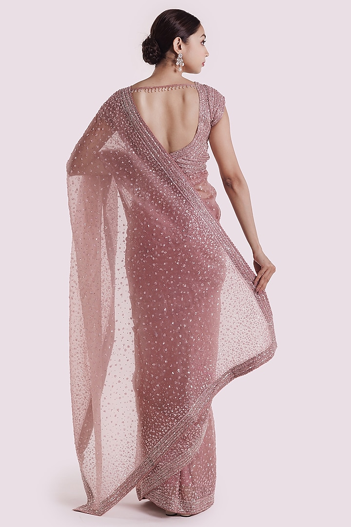 Mauve Organza Sequins Work Party Wear Saree Set by Onaya at Pernia's Pop Up Shop