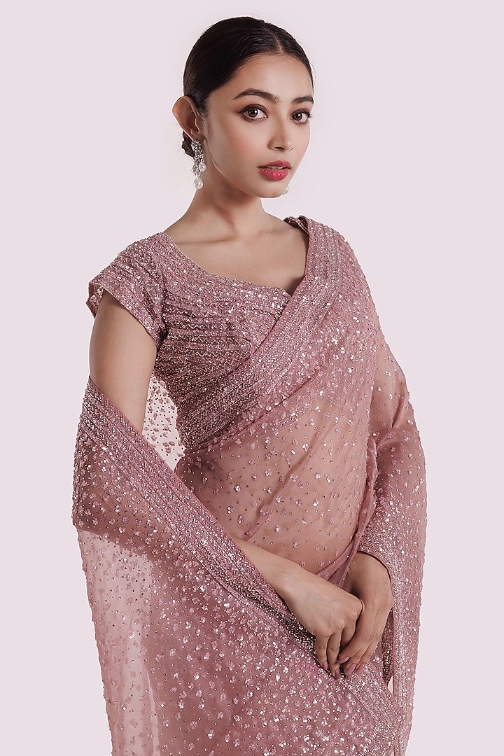 Mauve Organza Sequins Work Party Wear Saree Set by Onaya at Pernia's Pop Up Shop
