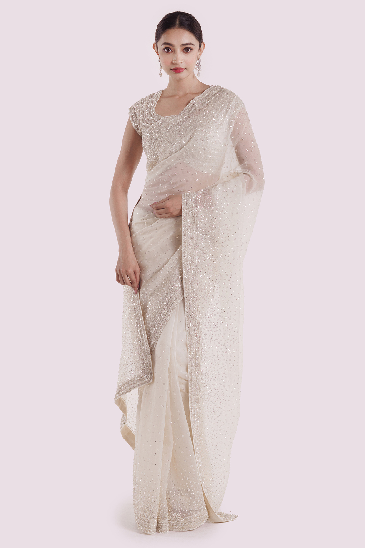 Off-White Organza Sequins Work Party Wear Saree Set by Onaya at Pernia's Pop Up Shop