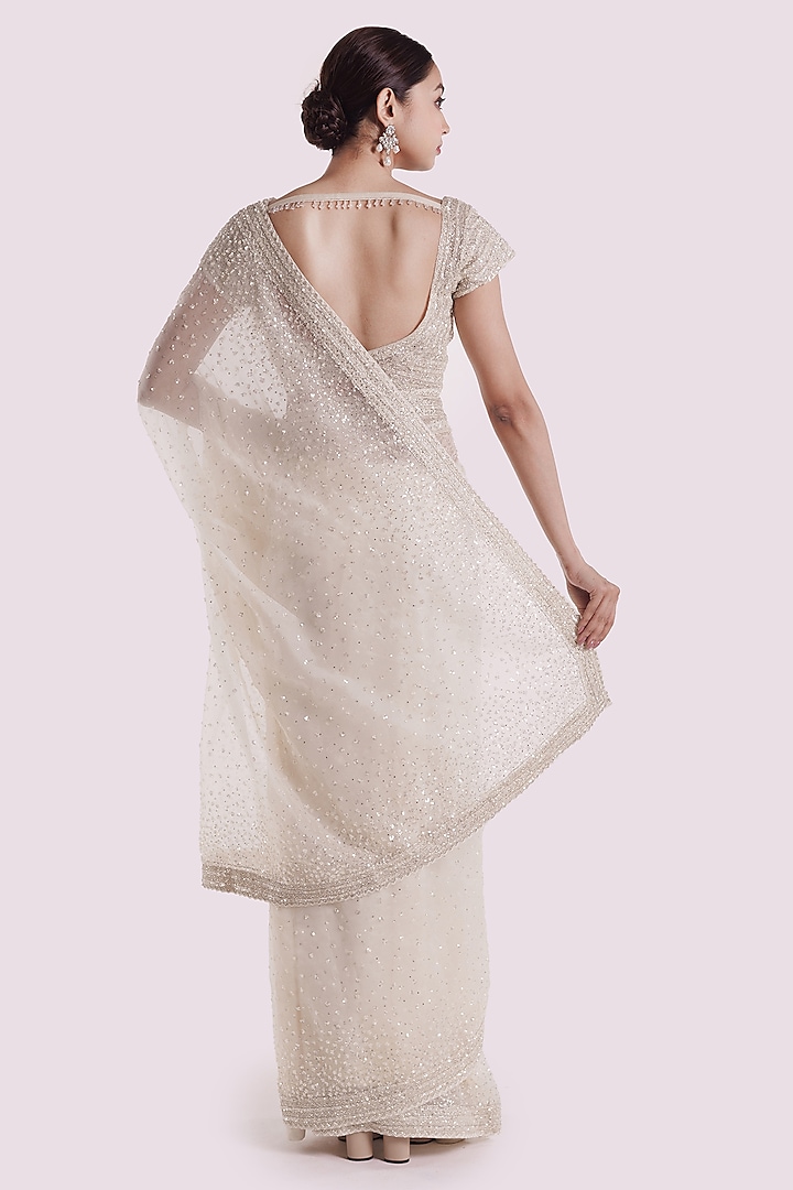 Off-White Organza Sequins Work Party Wear Saree Set by Onaya at Pernia's Pop Up Shop