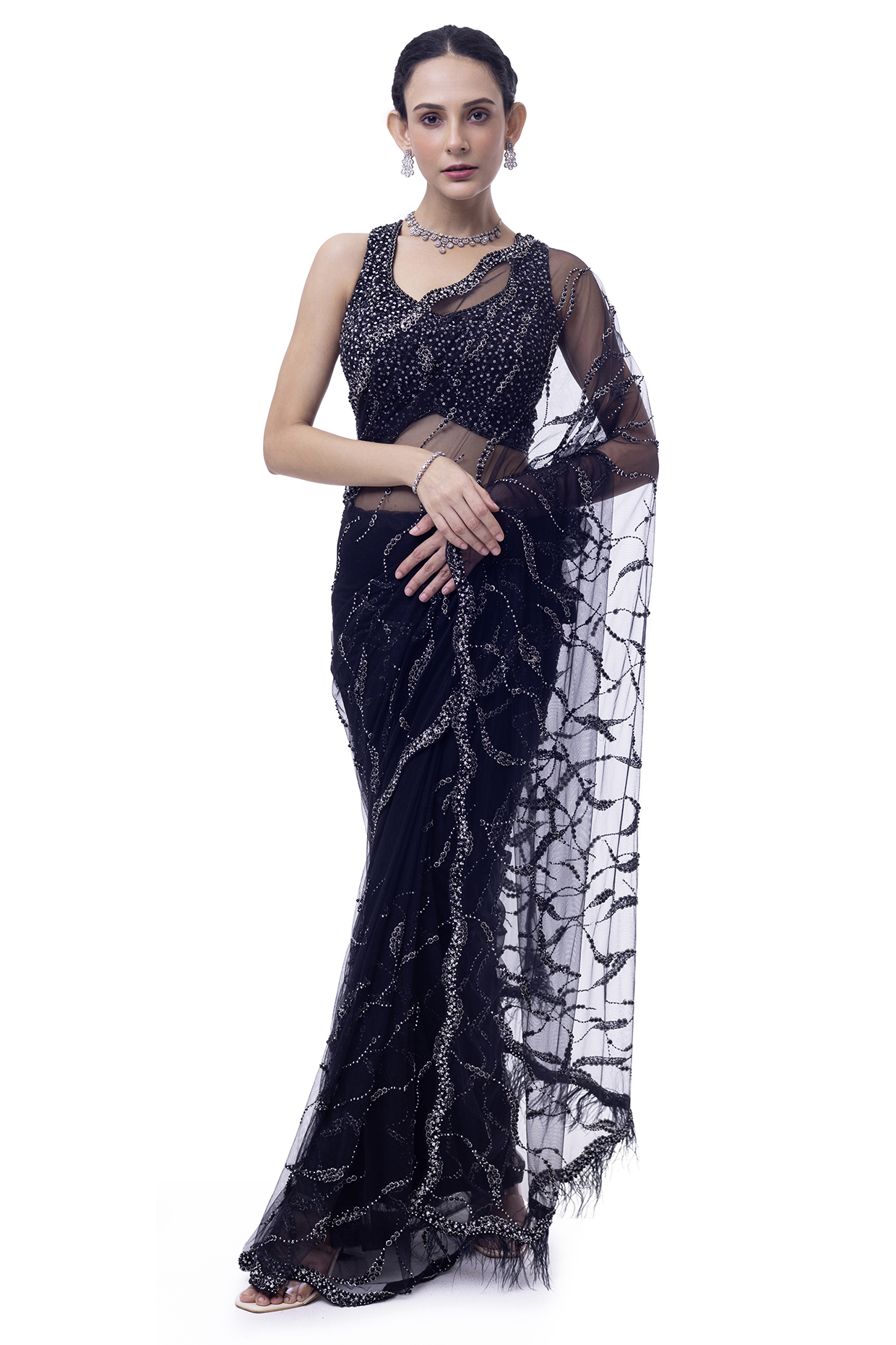 Black Net Cutdana Embellished Party Wear Saree Set by Onaya at Pernia's Pop Up Shop