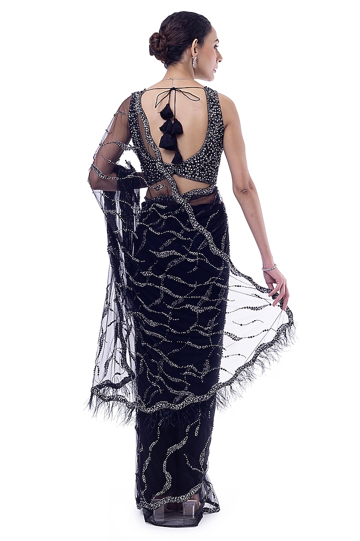 Black Net Cutdana Embellished Party Wear Saree Set by Onaya at Pernia's Pop Up Shop
