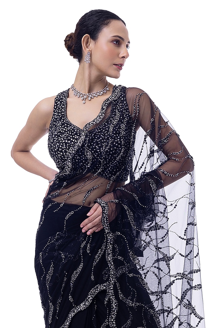 Black Net Cutdana Embellished Party Wear Saree Set by Onaya at Pernia's Pop Up Shop