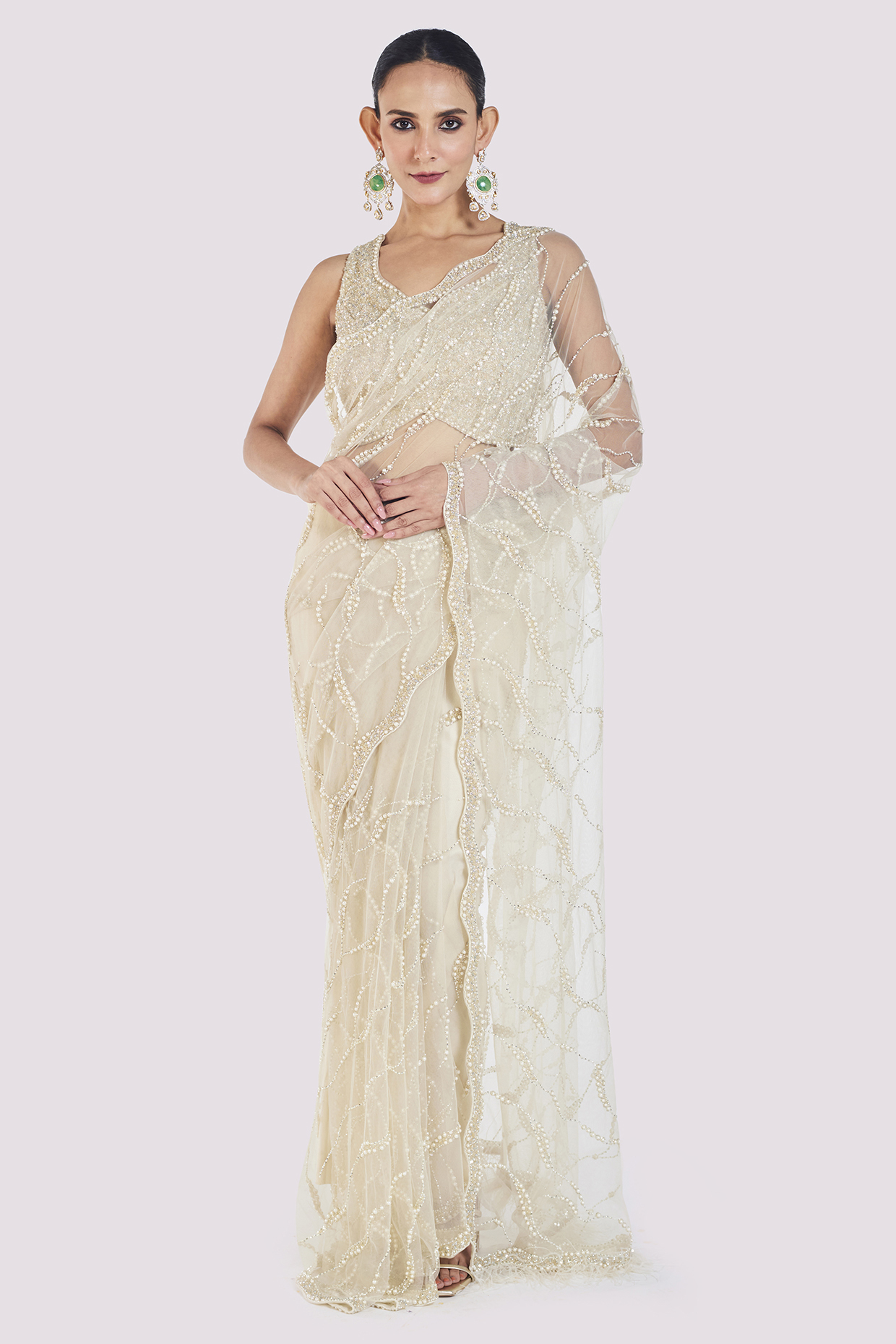 Ivory Net Cutdana Embellished Party Wear Saree Set by Onaya at Pernia's Pop Up Shop