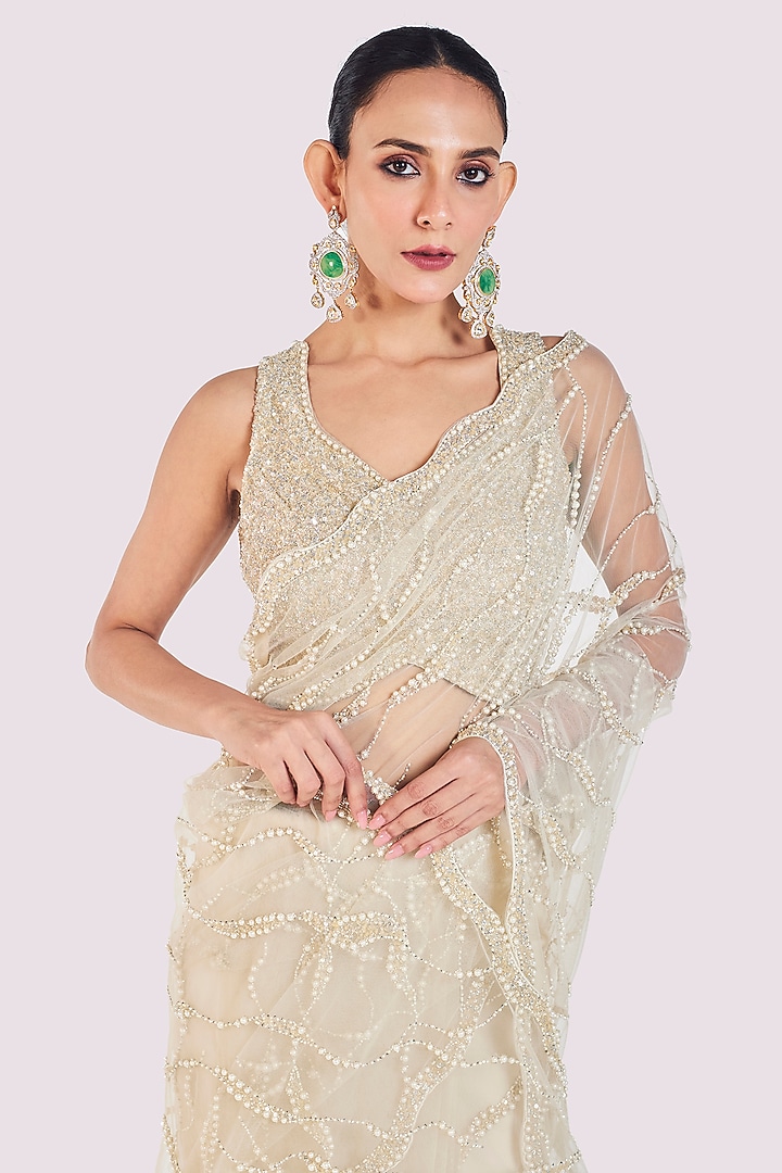 Ivory Net Cutdana Embellished Party Wear Saree Set by Onaya at Pernia's Pop Up Shop