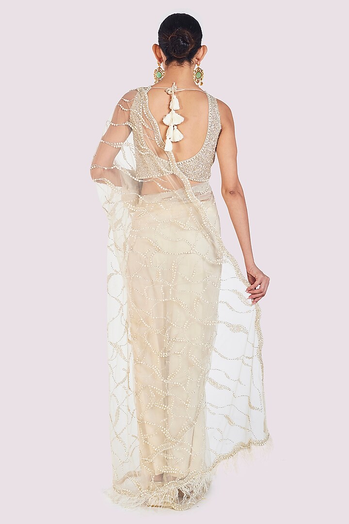 Ivory Net Cutdana Embellished Party Wear Saree Set by Onaya at Pernia's Pop Up Shop