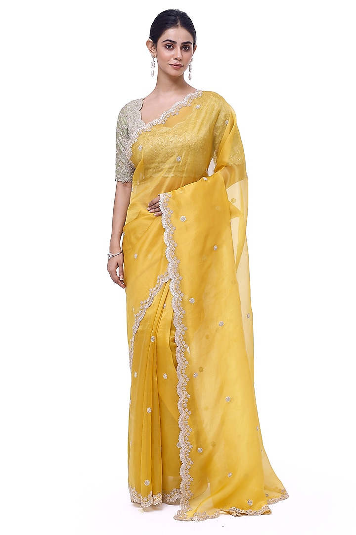 Mustard Organza Cutdana Embellished Wedding Saree Set by Onaya at Pernia's Pop Up Shop