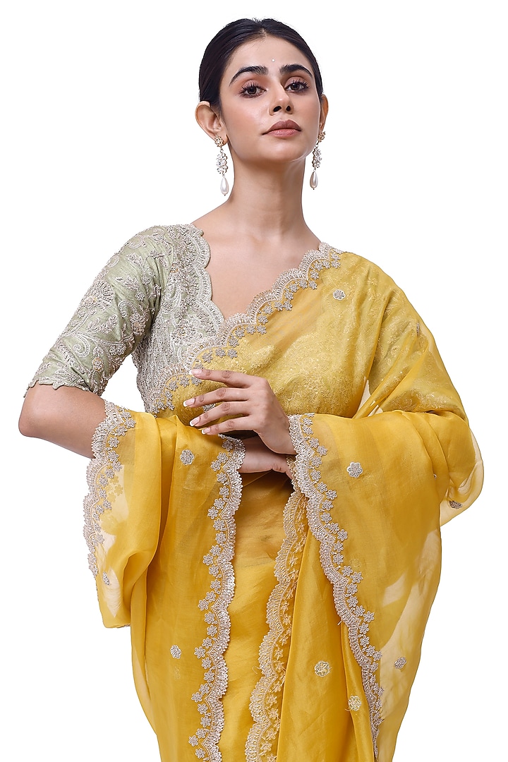 Mustard Organza Cutdana Embellished Wedding Saree Set by Onaya at Pernia's Pop Up Shop