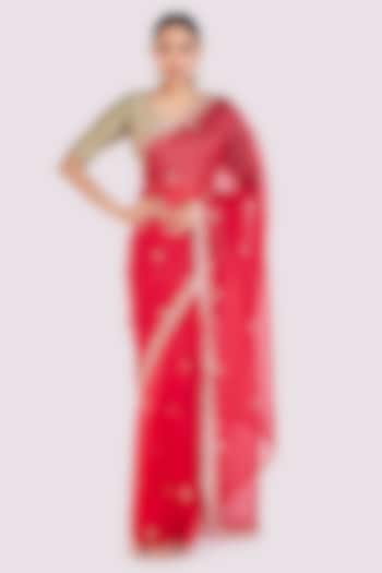 Red Organza Cutdana Embellished Wedding Saree Set by Onaya at Pernia's Pop Up Shop