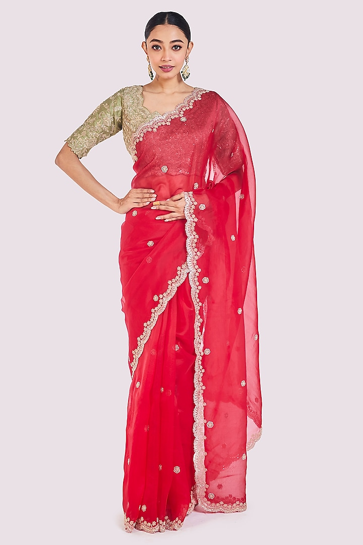 Red Organza Cutdana Embellished Wedding Saree Set by Onaya at Pernia's Pop Up Shop