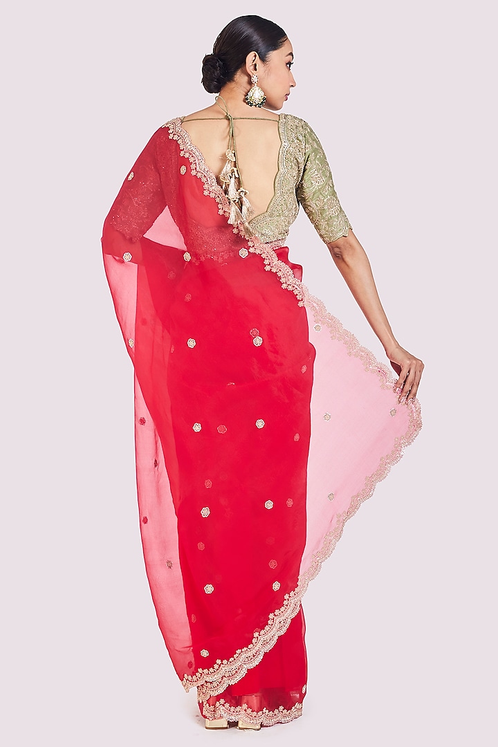 Red Organza Cutdana Embellished Wedding Saree Set by Onaya at Pernia's Pop Up Shop